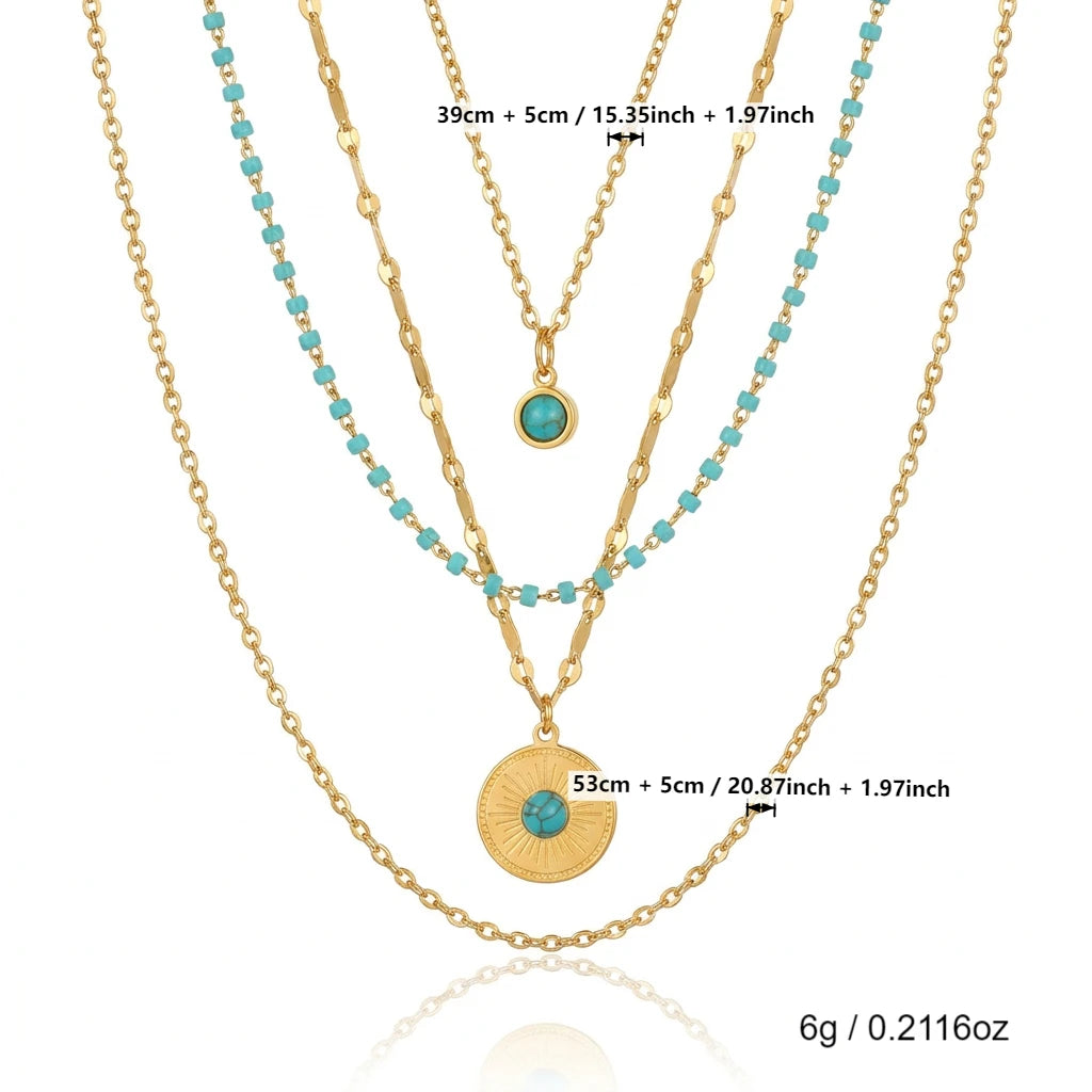 4 PCS Stainless Steel Turquoise Layered Necklace for Women Boho Gold Plated Sun Pendant Party Jewelry Gift for Her Waterproof