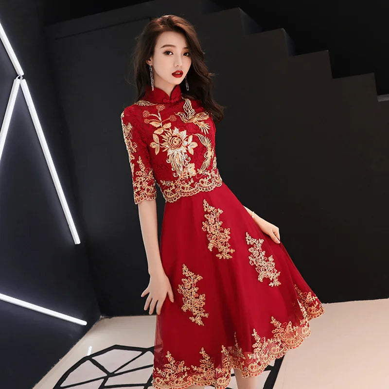 Chinese Style Bride Wedding Dress Elegant Embroidery Tulle Women Dress Evening Party Dress Classic Mandarin Collar Vestidos 3XL