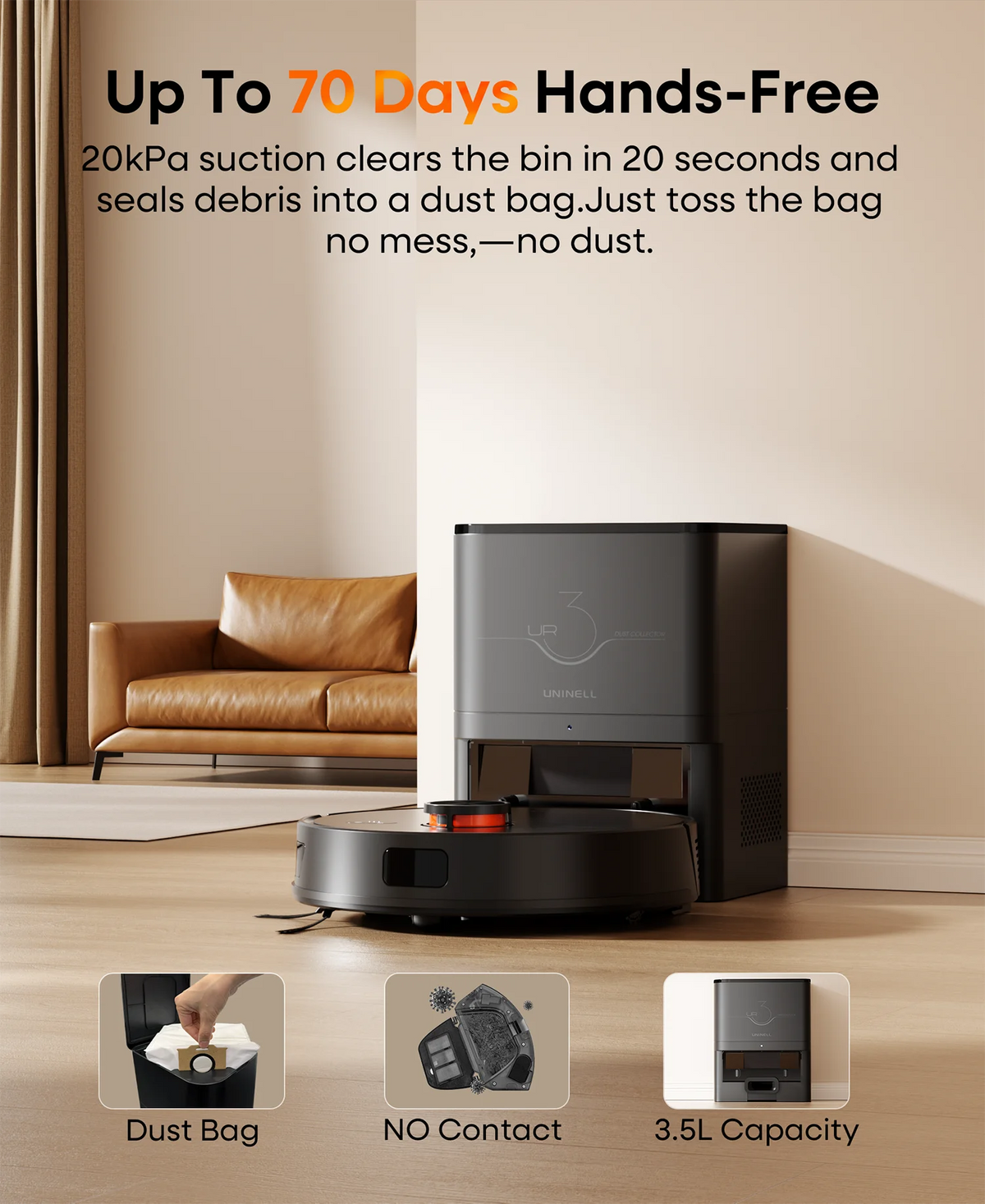 Refurbished UNINELL By erabros UR3 Robot Vacuum and Mop Combo, 7000Pa Suction Robotic Vacuum , Self-Emptying 90 Days Capacity, LiDAR Navigation Home Mapping, 180 Mins, App/Alexa, for Pet Hair Carpets Hard Floors