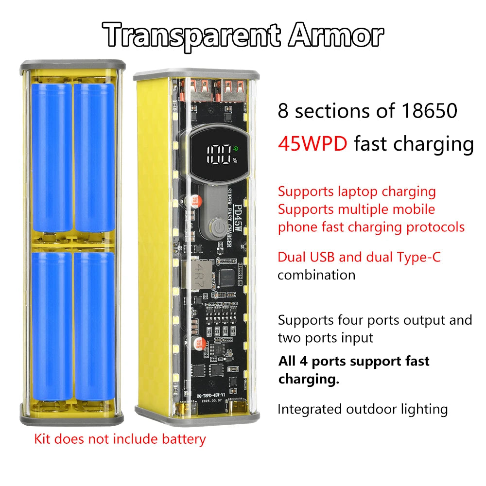 22.5W/45W 18650 Power Bank Case Fast Charging DIY Transparent Battery Storage Box Digital Display USB Type-C Battery Holder