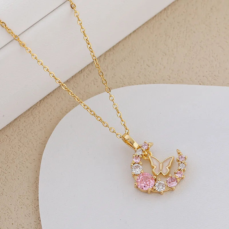 Fashion Butterfly Moon Necklace Women's Stainless Steel Collar Chain High end Elegant 2025 New Korean Jewelry Gift