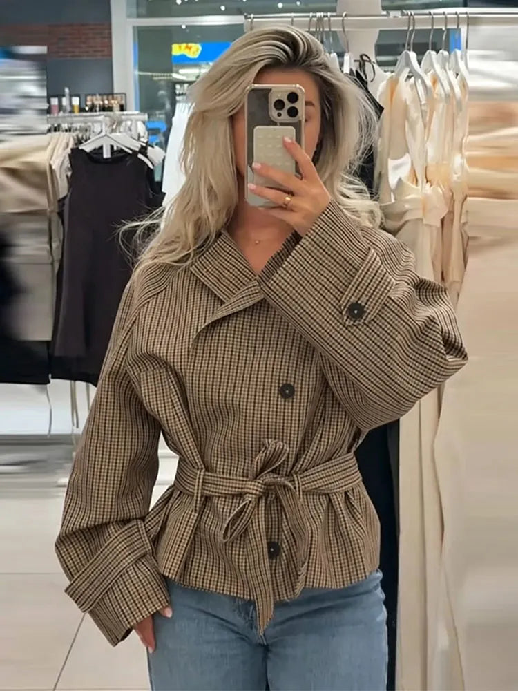 Loose Plaid Lace Up Jacket Women Vintage Double Breasted Full Sleeve Lapel Belts Jackets Female 2026 Autumn Outwear Lady