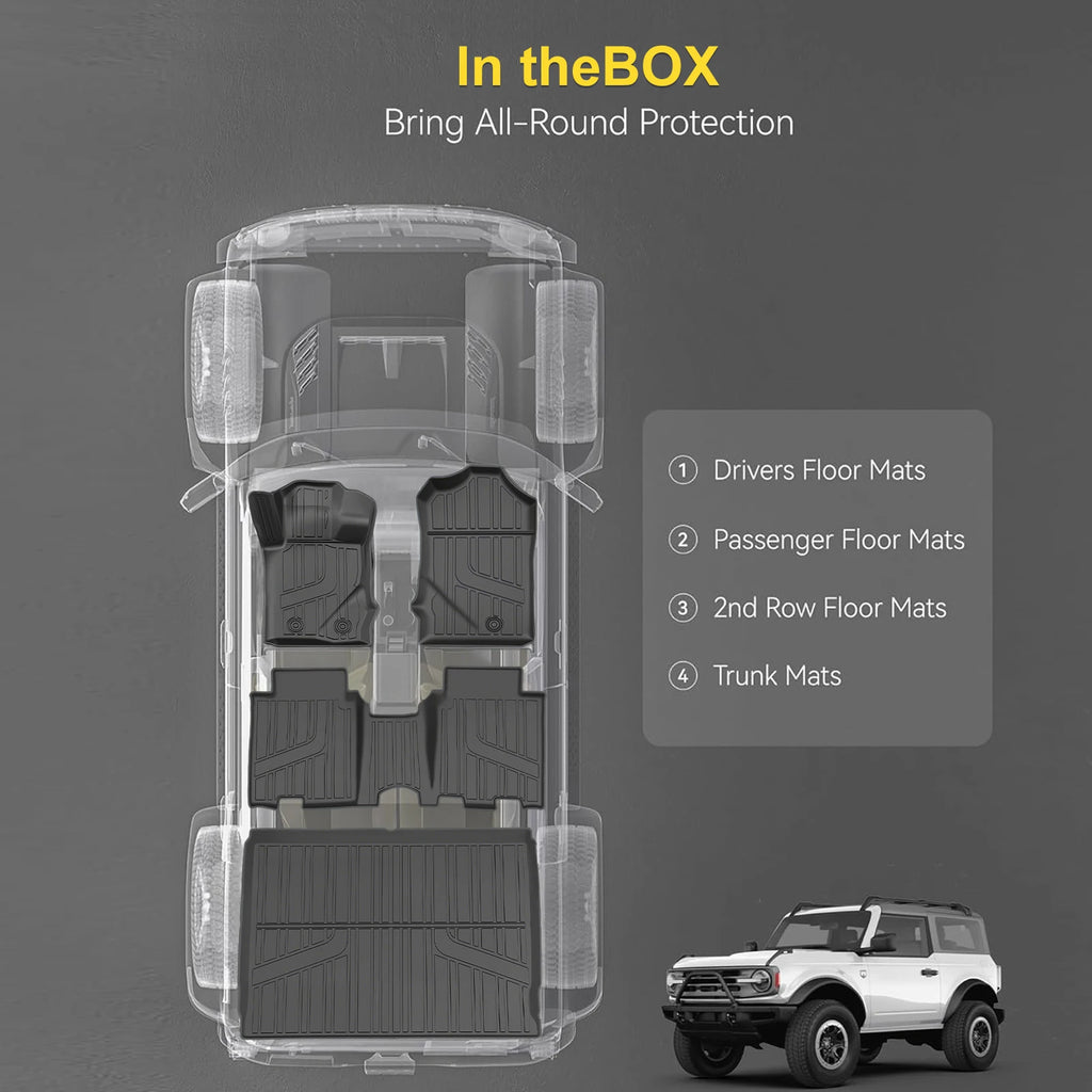TPE Floor Mats Liners For 2021-2026 Ford Bronco, 4PCS Custom Fit All Weather Waterproof Anti-Slip Odorless Heavy Duty Off Road Car Floor Liners