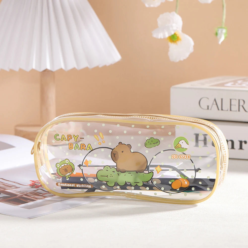 Cartoon Capybara Pencil Case Transparent Waterproof Zipper Pen Pouch Large Capacity Stationary Organizer Bag School Supplies