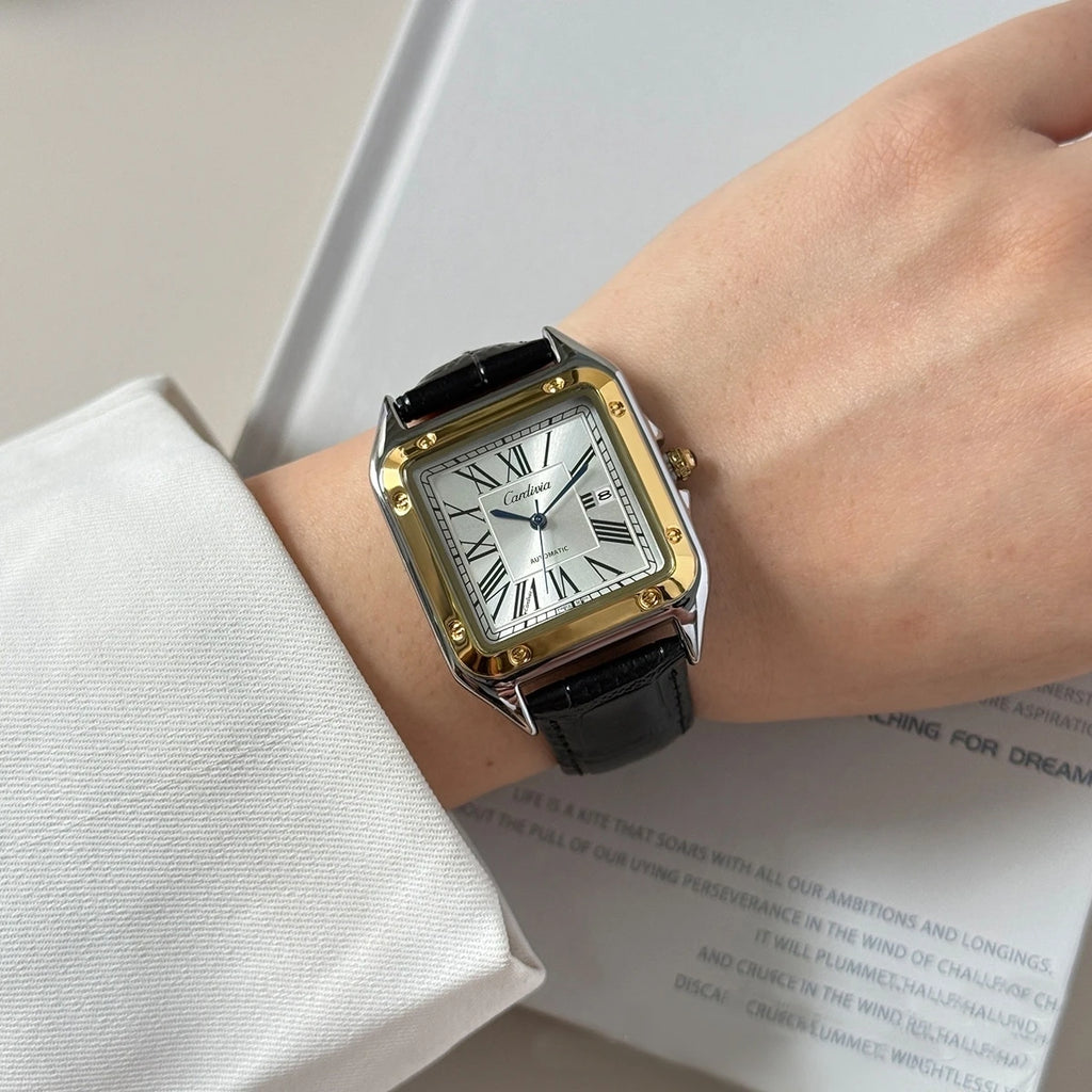 Men's Square Roman Numeral Quartz Watch, Luxury Stainless Steel Case, Black Leather Strap, Automatic Style Wristwatch, Waterproof, Business Dress Watch, Date Display, Elegant Watch, Suitable for Gentlemen's Casual and Formal