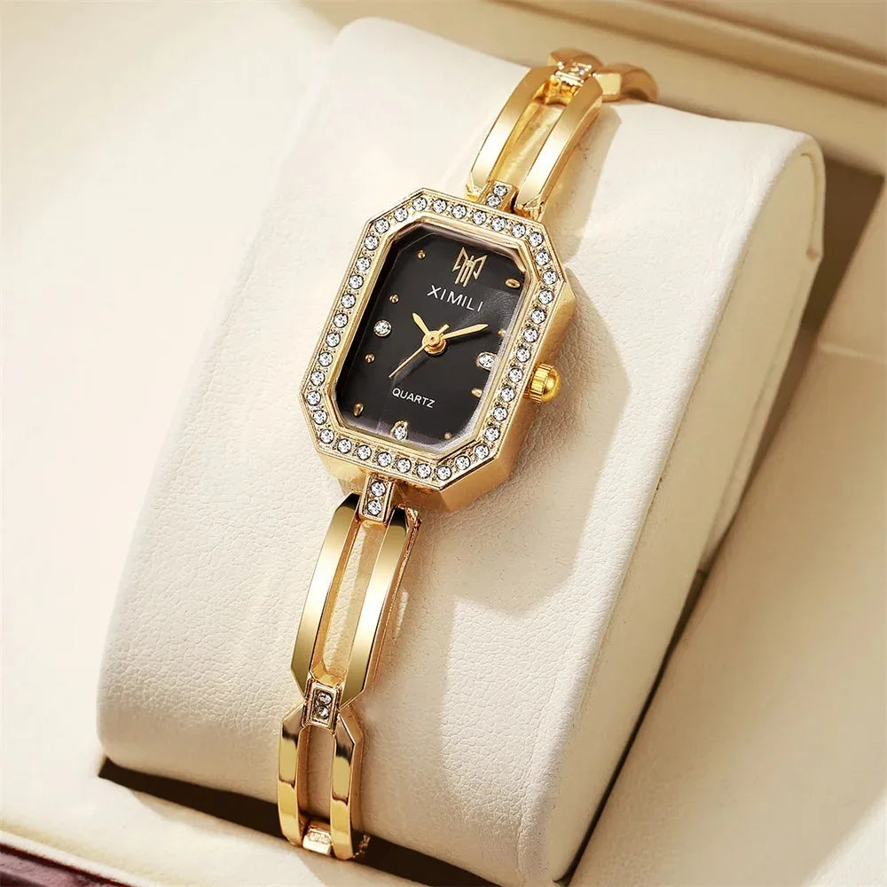Fashion Rhinestone Rectangle Women Watches Casual Stainless Steel Gold Bracelet Ladies Quartz Wristwatch（Without Box）