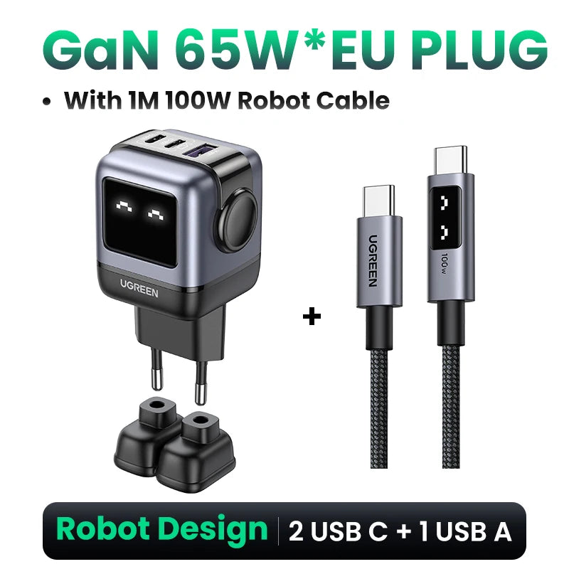 UGREEN 65W GaN Charger Uno Robot Design Quick Charge 4.0 3.0 PPS PD Fast Charger for iPhone 18 17 16 Pro Macbook  Laptop Tablet
