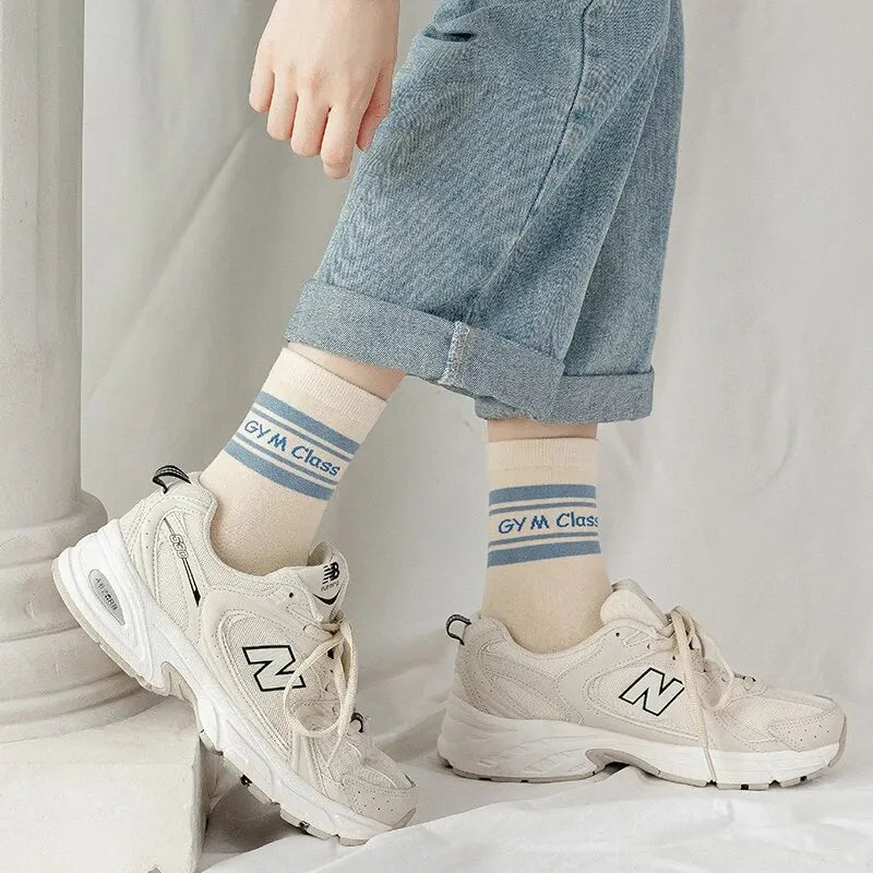 5 Pairs of Women's Spring Four-season Cute SStriped Letters Youthful Beautiful Fashionable and Comfortable Mid-calf Socks