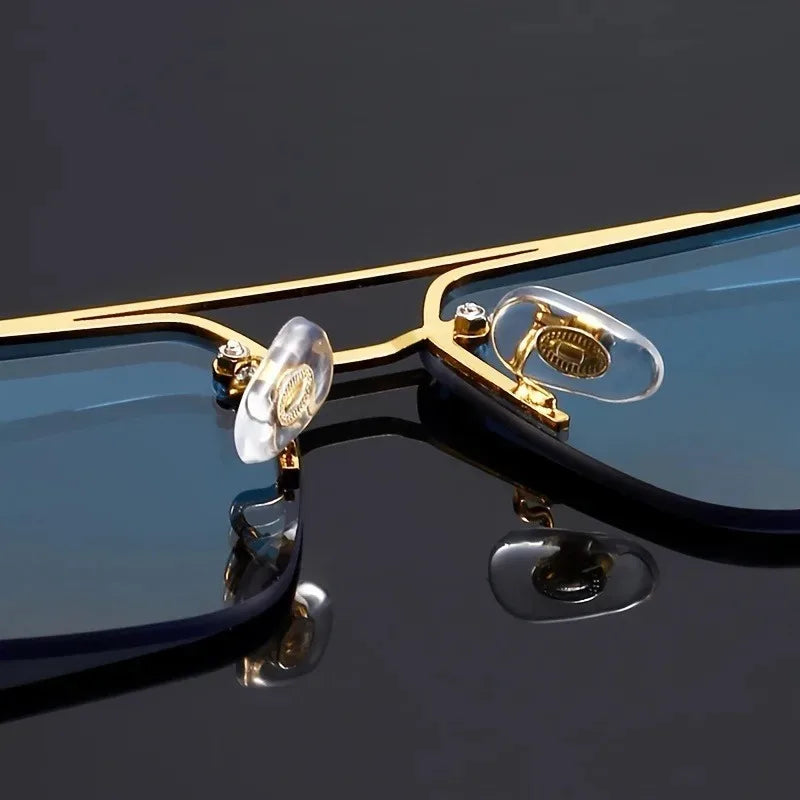 Women's Frameless Double Beam Fashion Sunglasses Golden Border Wood Grain Bracket for Male and Female Drivers Black Eyeglasses