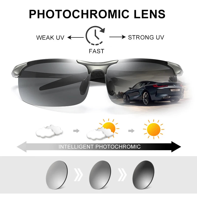 SZTZX Aluminium Rimless Outdoor Sport Photochromic Sunglasses Men Polarized  Anti-UV Driving Fishing Glasses Cycling Goggle