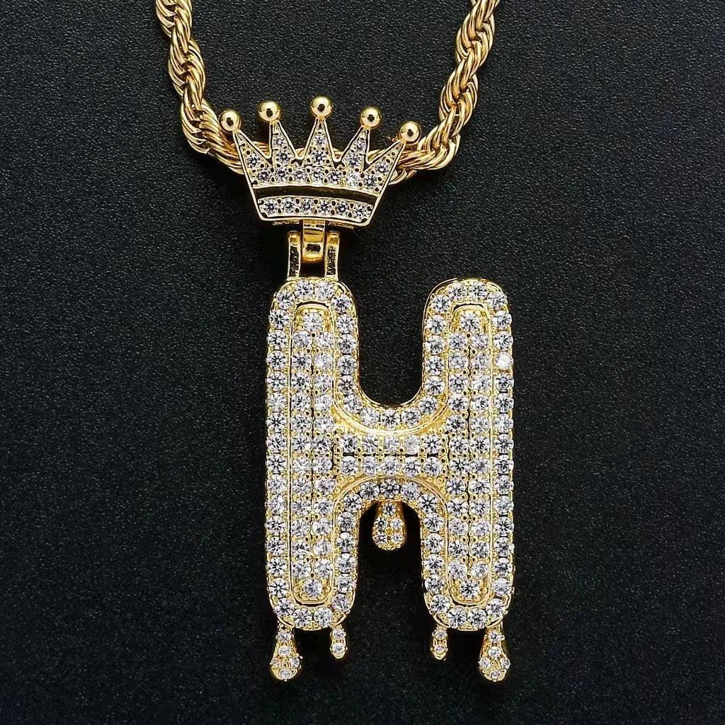 Hip Hop Iced Out Bling Cubic A-Z Drip Crown Zircon Initial Letters Necklaces Pendant Necklace Chain Men Jewelry with Rope Chain