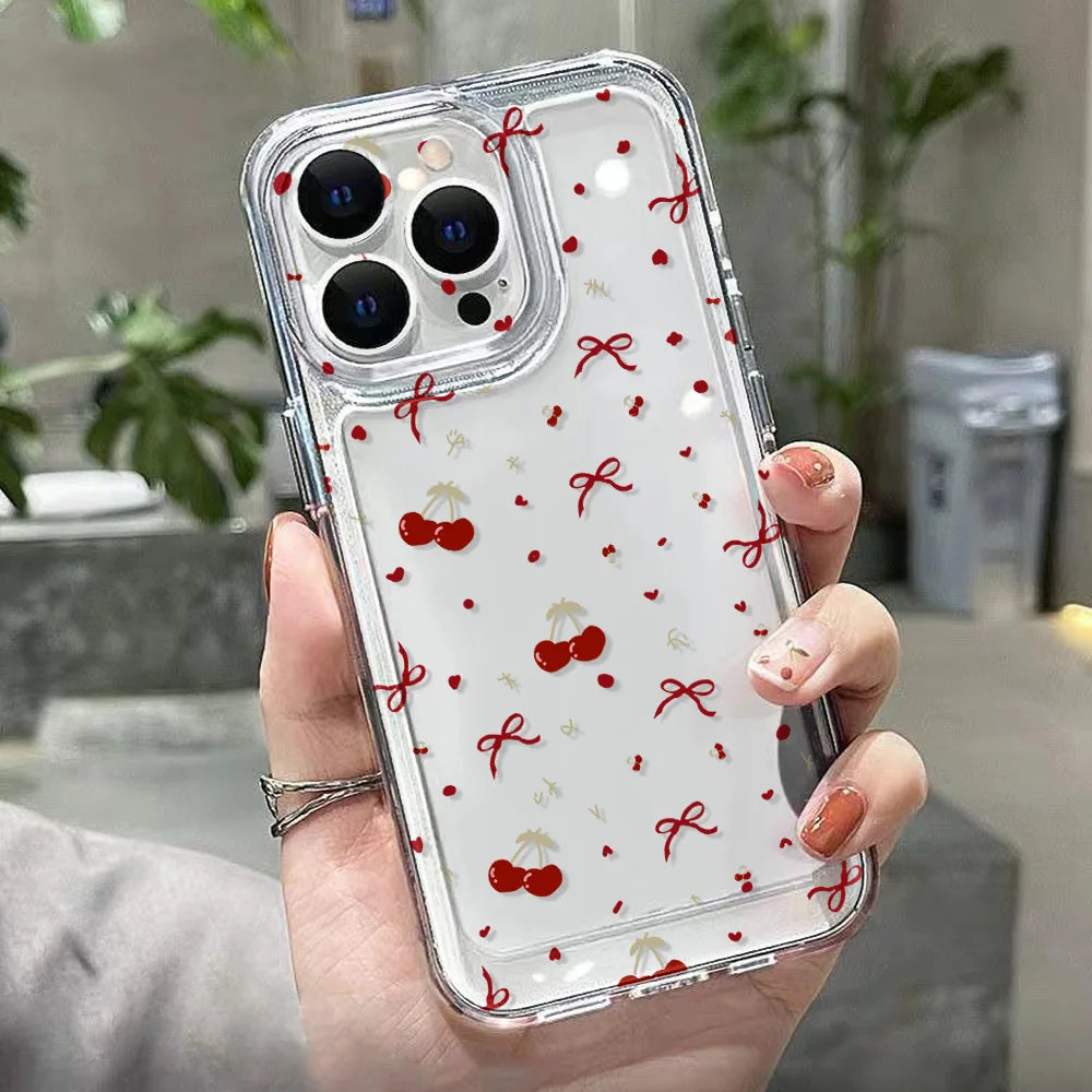 Transparent Cherry Painted Phone Case For iPhone 17 Pro Max  18 16 13 11 15 14 Plus 12 Air 16E Silicone Shockproof Funda Cover