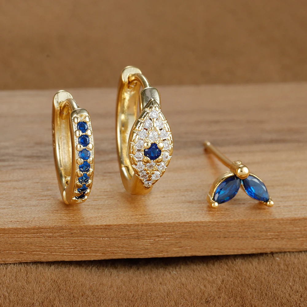 3pcs Stainless Steel Blue Zircon Evil Eye Hoop Earrings Set For Women 18K Gold Plated Cartilage Piercing Earring Fashion Jewelry