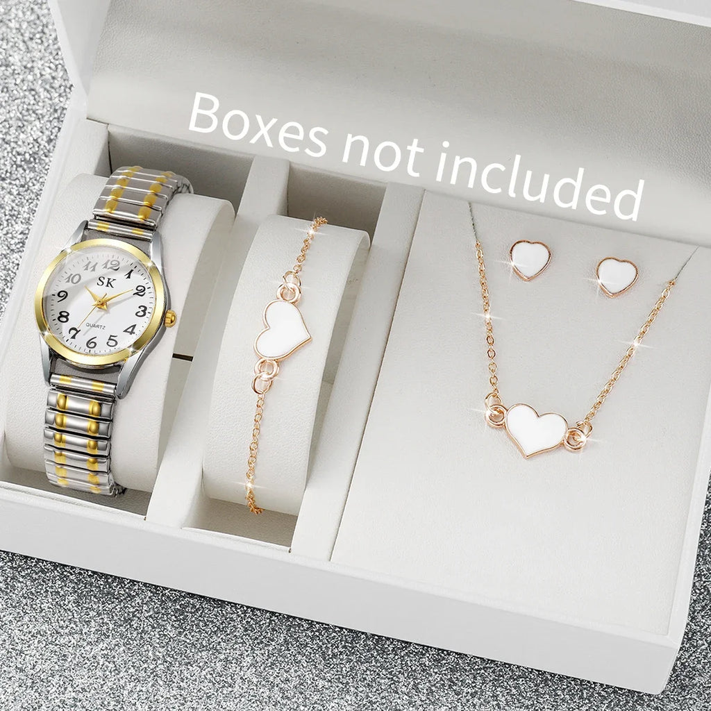 5PCS/Set Fashion Arabic Dial Women Quartz Watches Elastic Strap Ladies Wristwatch Heart Jewelry Set Reloj Mujer (Without Box)