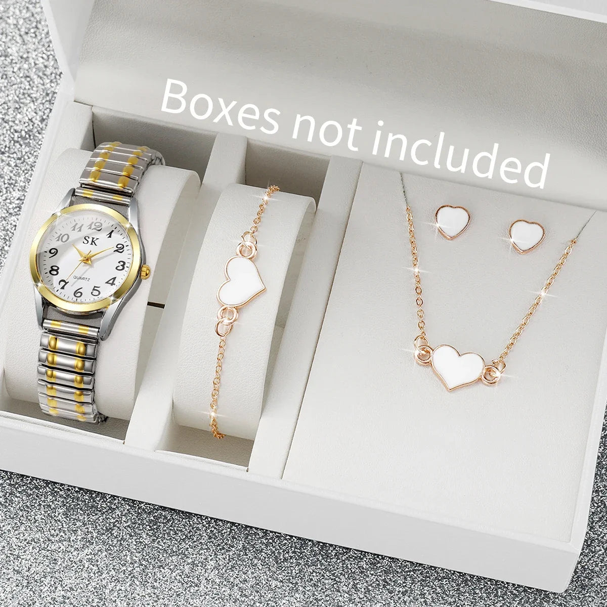 5PCS/Set Fashion Arabic Dial Women Quartz Watches Elastic Strap Ladies Wristwatch Heart Jewelry Set Reloj Mujer (Without Box)