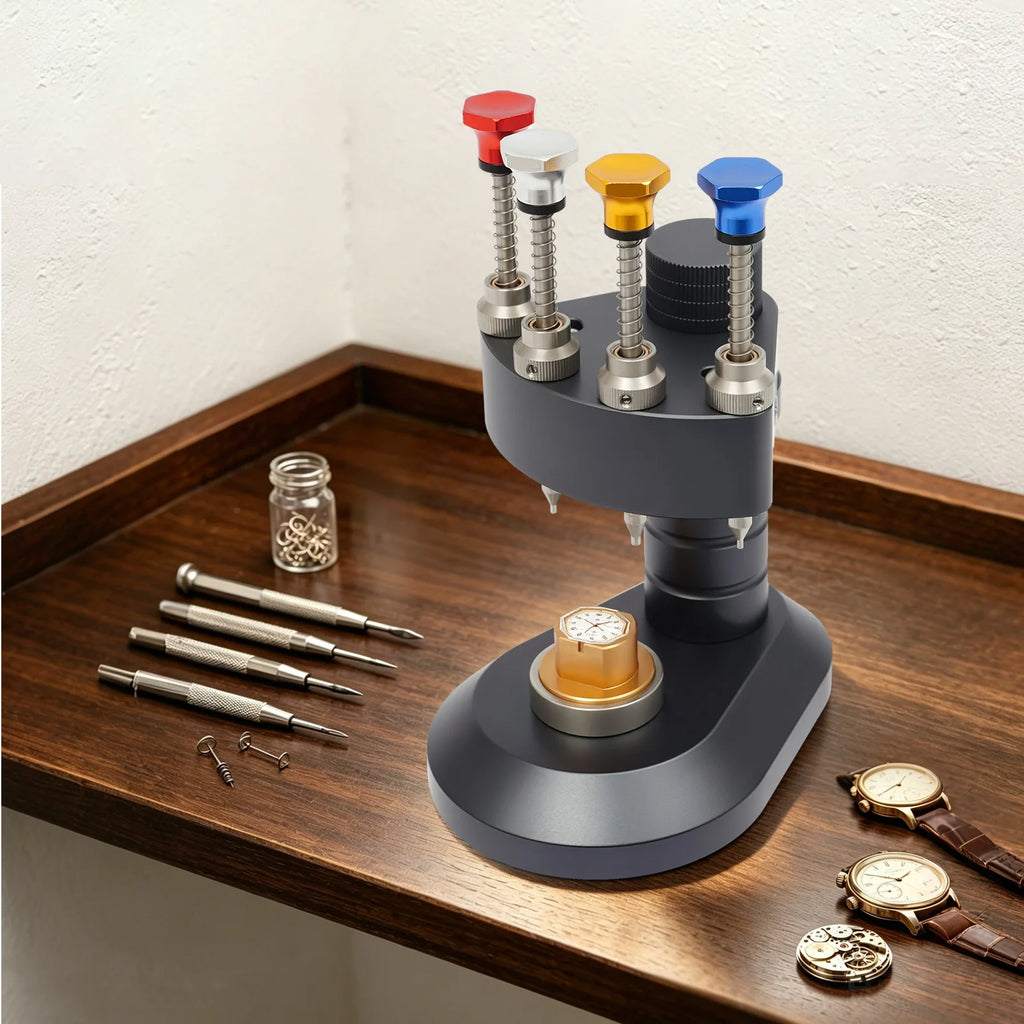 Diydeg Watch Hand Setting Tool, 4 Pin Automatic Watch Hand Presser, Professional Aluminum Watchmakers Setting Fitting Press Needles Repair Kit with 4 Needle Tips & 1 Movement Base
