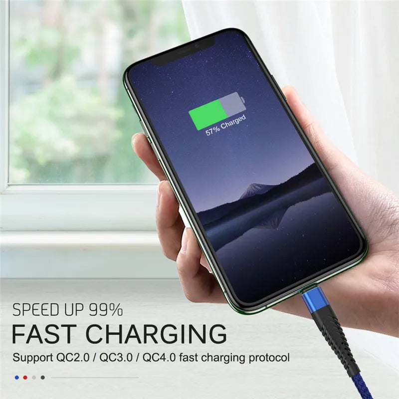 3A Fast Charging USB Cable for iPhone 14 13 12 11 Pro Max Xs X XR 6 6s 7 8 Plus iPad Mobile Phone Charger Cord Data Wire 2m 3m