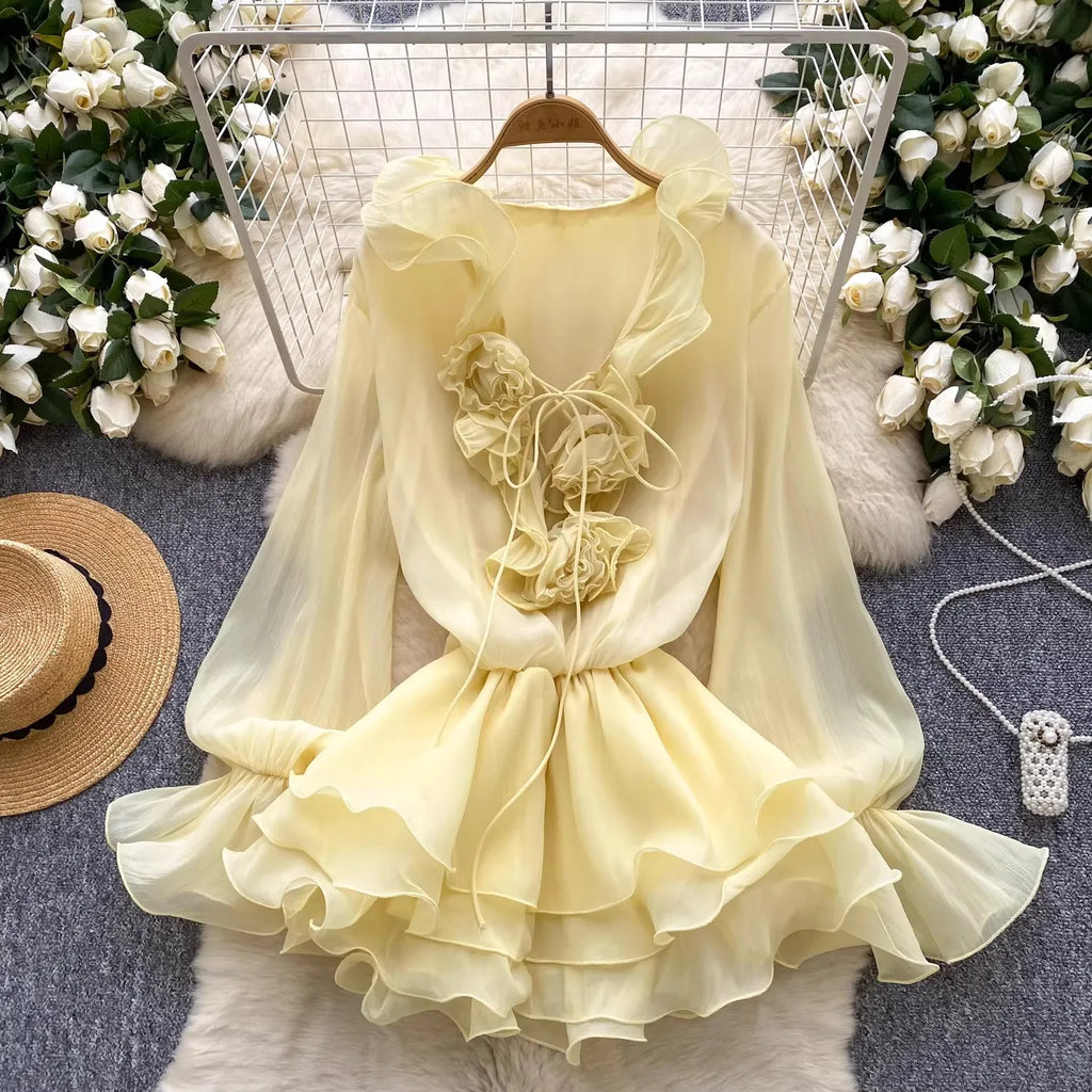 V-neck Long Flare Sleeve Vestidos Ruffles 3d Flower Dress Spring Tunic Dresses Temperament Ropa De Mujer Gentle Vestido