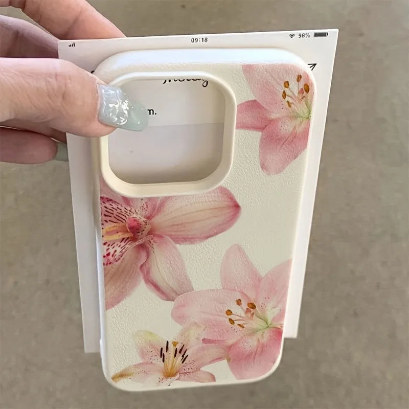 Pink Lily Flower Print Phone Case For iPhone 17 16 15 14 13 12 11 Pro Max Elegant Floral Leather Soft Protective Back Cover