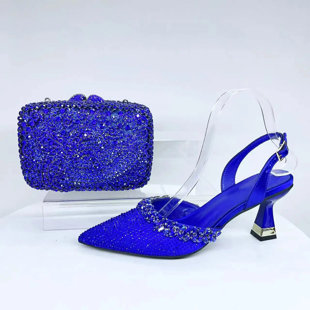 INSIGHTLINK Blue High Heels sandals and Bag Women Gems Dress Shoes Wedding stiletto Sandals Lady Bride high-heeled Stone Shoes