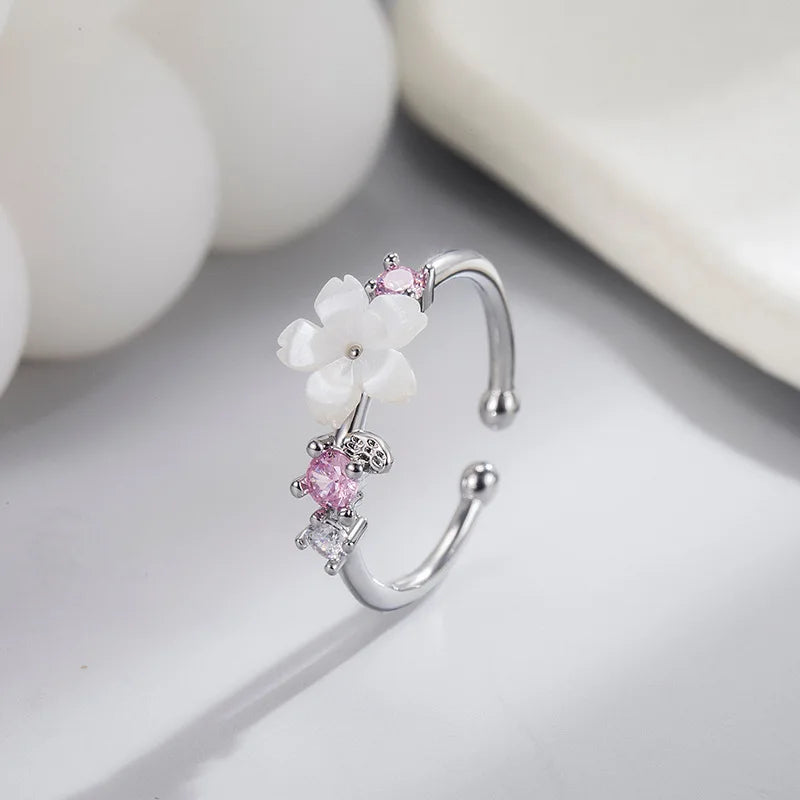 Korean CZ Sweet Crystal Zircon Heart Ring For Women Exquisite Shell Flower Opening Finger Rings Princess Wedding Jewelry