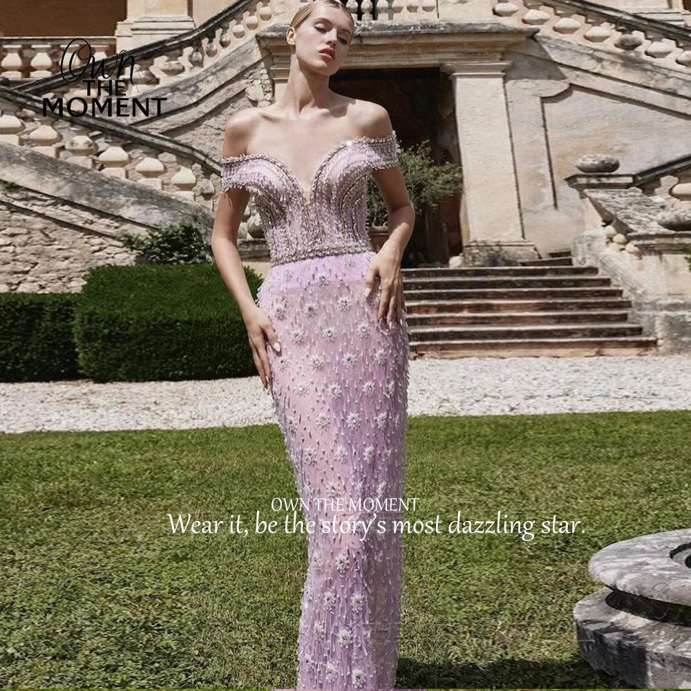 OTM 3D Floral Appliques Prom Dress Lilac Beaded Off Shoulder Evening Dress Deep V Mermaid Floor Length Party Dress Custom