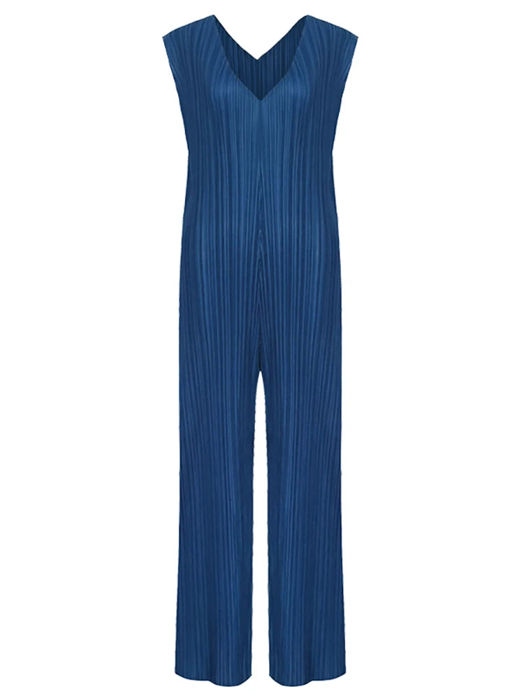 New Arrivals Summer Miyake Pleats Large Size Casual Loose V-neck Sleeveless Black Women Jumpsuit Bell Bottom Loose Dress