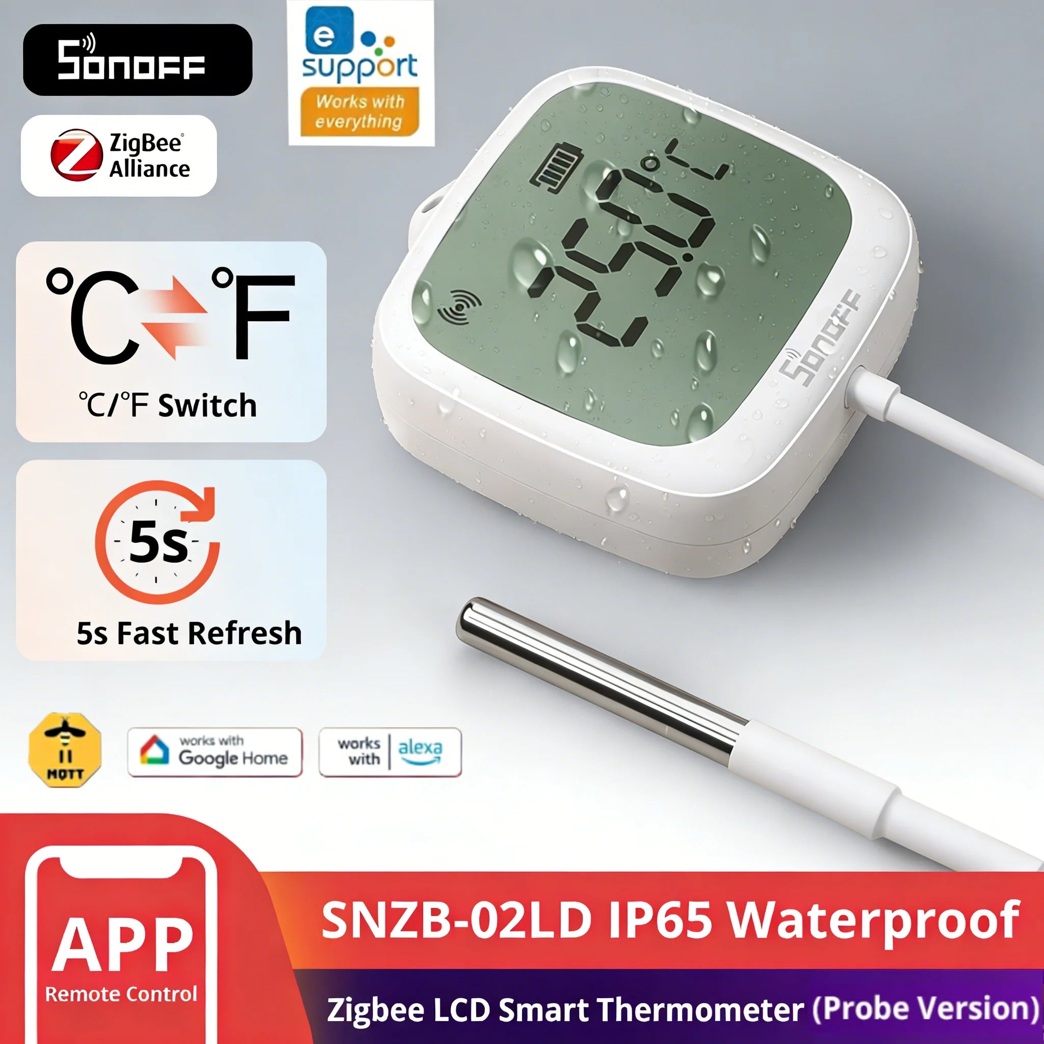 SONOFF SNZB-02LD SNZB 02LD SONOFF Zigbee Thermometer with Probe IP65 for Fridge Pool Fish Tank Need Hub with Bridge Alexa Alice