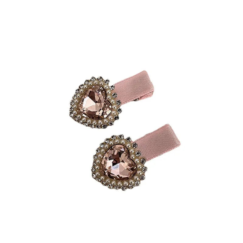 Korean Love Rhinestone Fabric Art Duck Mouth Clip Sweet and Versatile Side bangs Clip Hair Accessories Women's Pink Hair Clip
