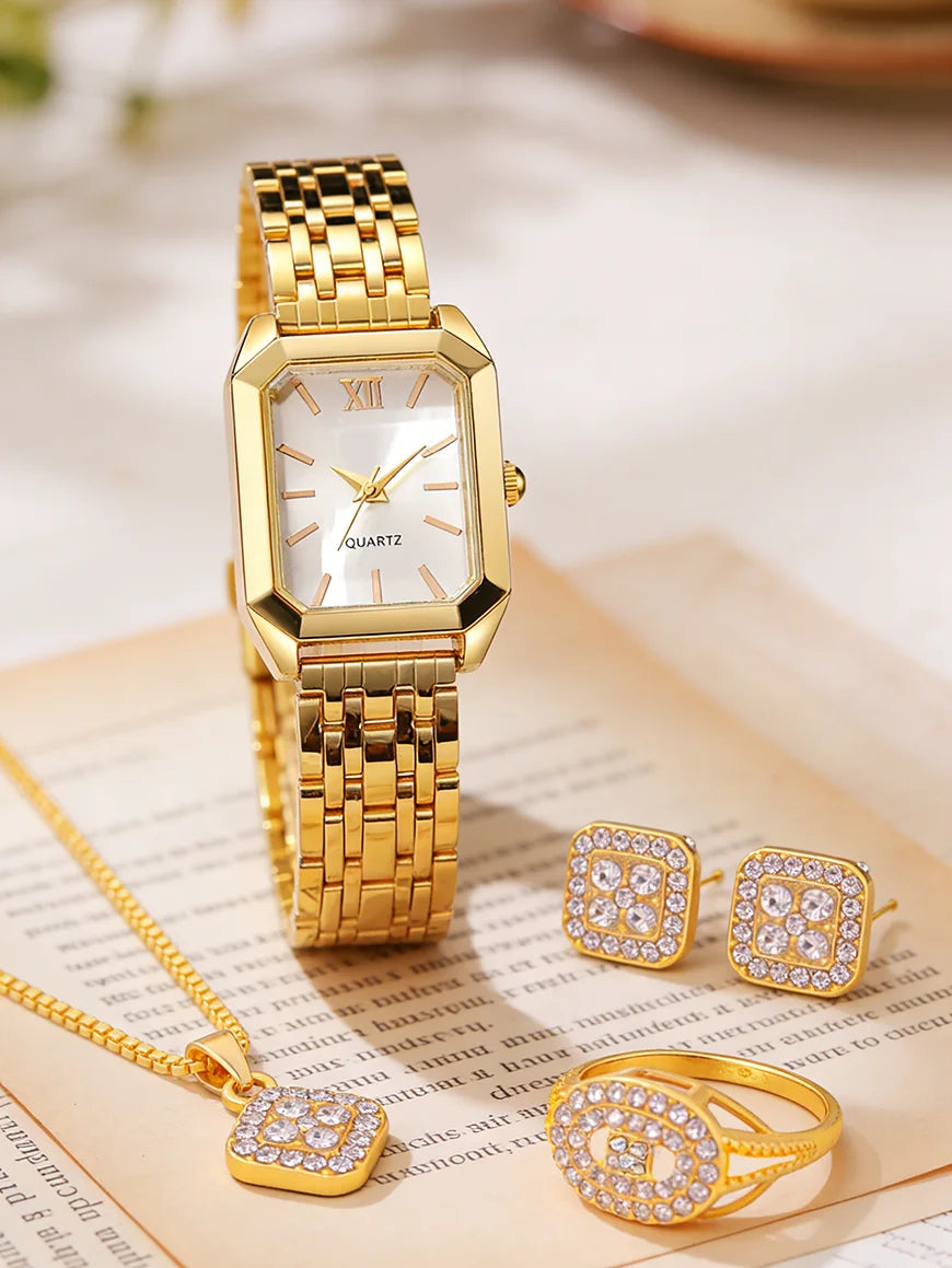 Casual Fashion Square Quartz Watch And Hollow Jewelry Set wi Steel Strap Birthday Gift No Box