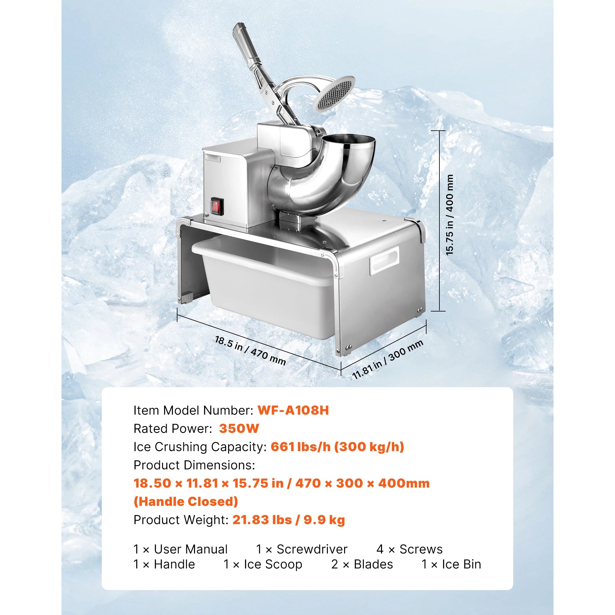SucceBuy Ice Crusher Machine Stainless Steel Shaved Ice Machine with Bowl and Cover Ice-Shaver for Home and CommercialUse Silver