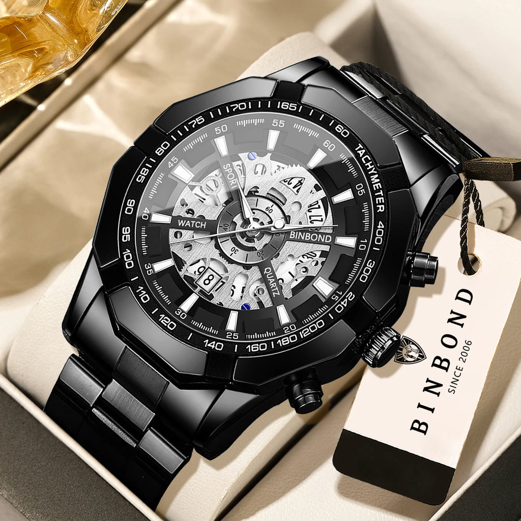 BINBOND Luxury hollow-out quartz wristwatch for men luminous waterproof chronograph men's watch business sport fashion reloj