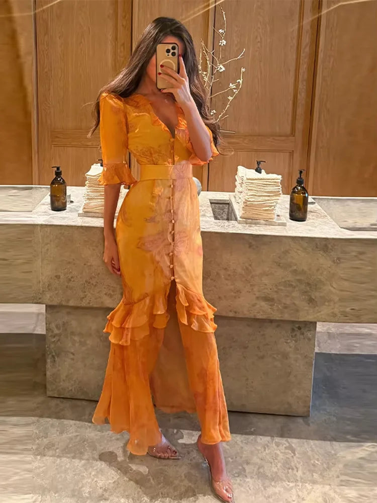 Women Floral Print Short Sleeve Maxi Dress Fashion V-neck Ruffle Trim Belted Slit Hem Dresses Casual Lady Daily Vacation Gowns
