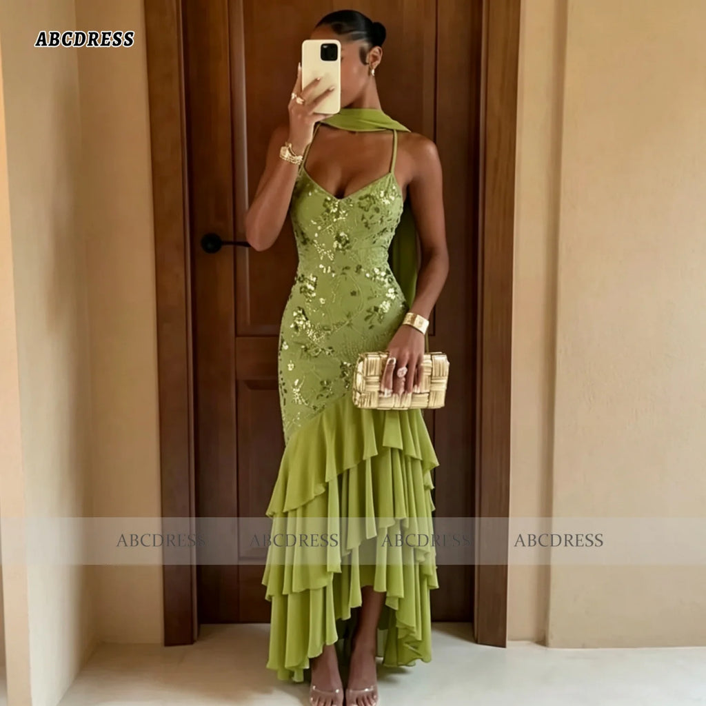 ABC Customized Elegant Olive Green Halter Neck Sequin Floral Evening Dress robes de soirée Mermaid Tiered Ruffle Prom Dress