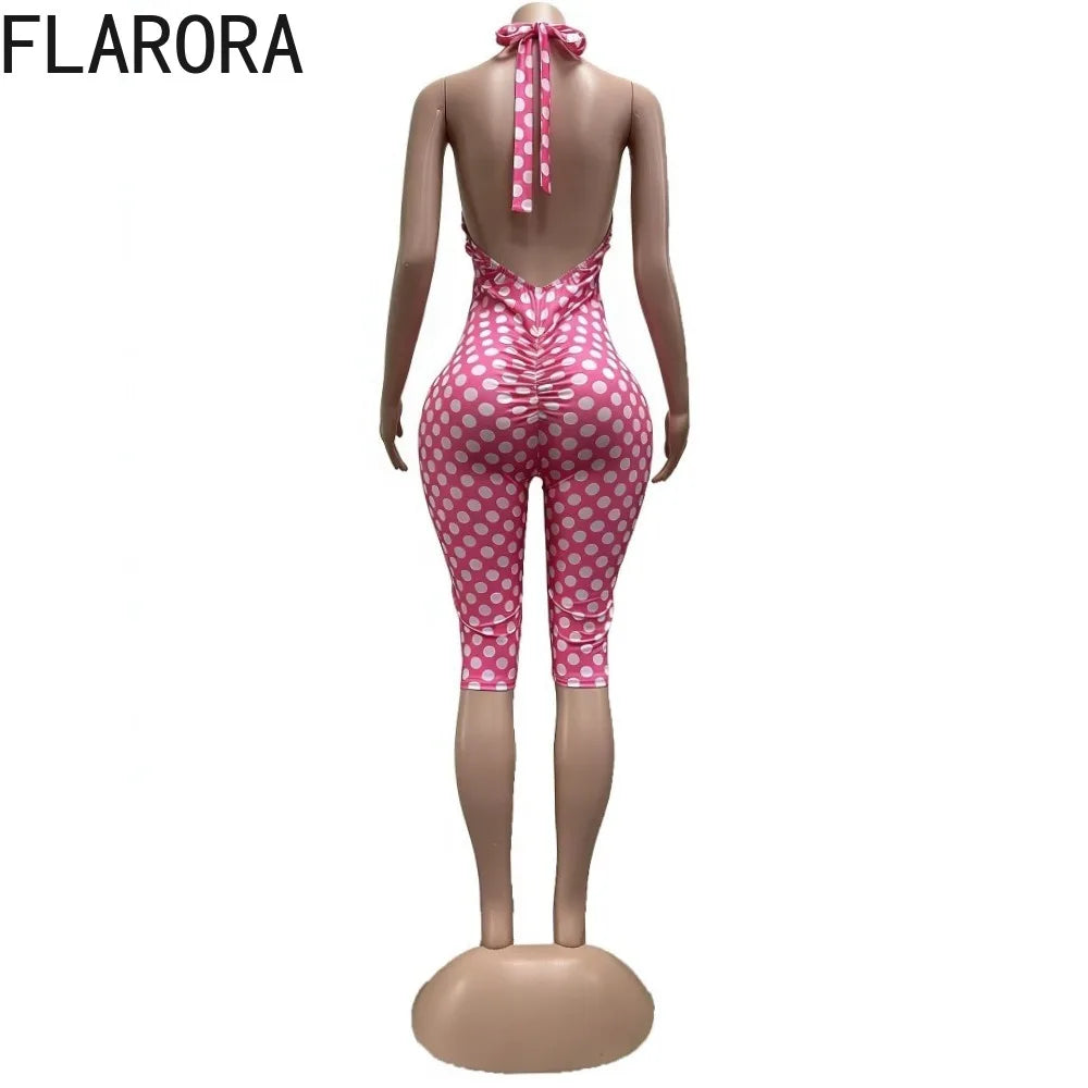 FLARORA Sexy Polka Dot Print Jumpsuit Woman Trend Halter Bandage Backless Sleeveless Peach Hip Skinny Elasticity Street Overalls