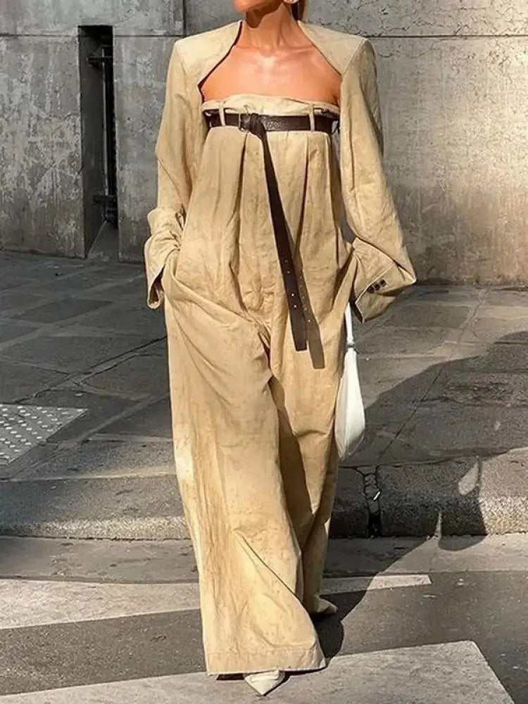 Freeacy Women's Stylish Jumpsuit Set Collarless Long Sleeve Outerwear and Strapless Wide Leg Jumpsuits Summer Loose Fit Suit
