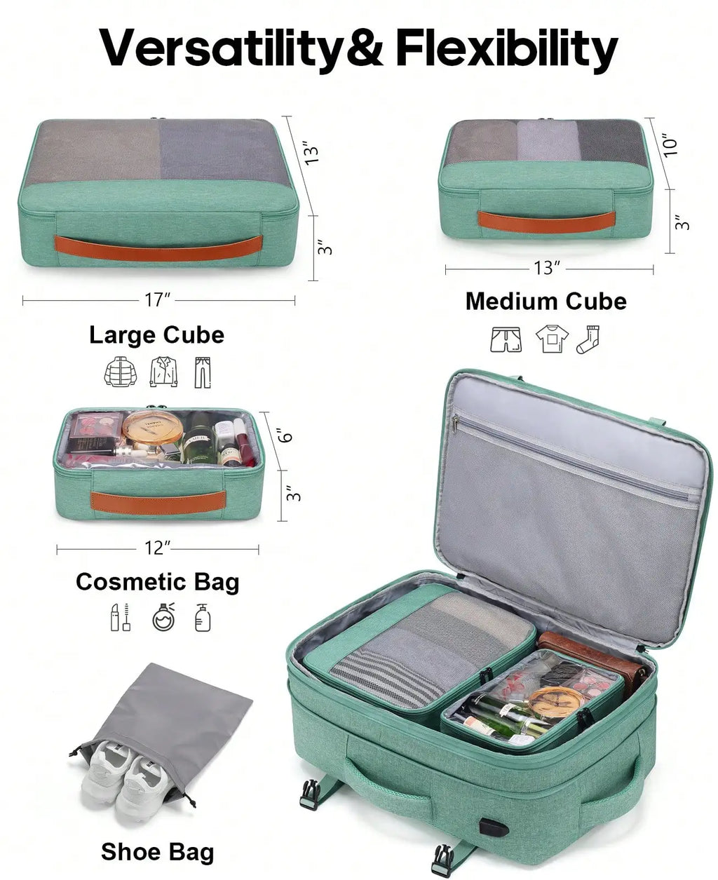 5PCS Travel Backpack Carry On Backpack 42L Flight Approved, Expandable Laptop Backpack With Packing Cubes & Shoe Pocket