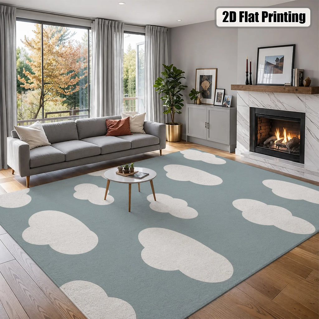 Large Indoor Area Rug, Soft Velvet Low Pile with Non-slip Dotted Backing, Machine Washable, Light Blue with White Cloud Pattern for Living Room, Bedroom, Nursery
