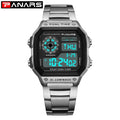 PANARS Top Luxury Stainless Steel Strap Sport Watches Mens Waterproof Back Light Digital Wristwatch Male Alarm