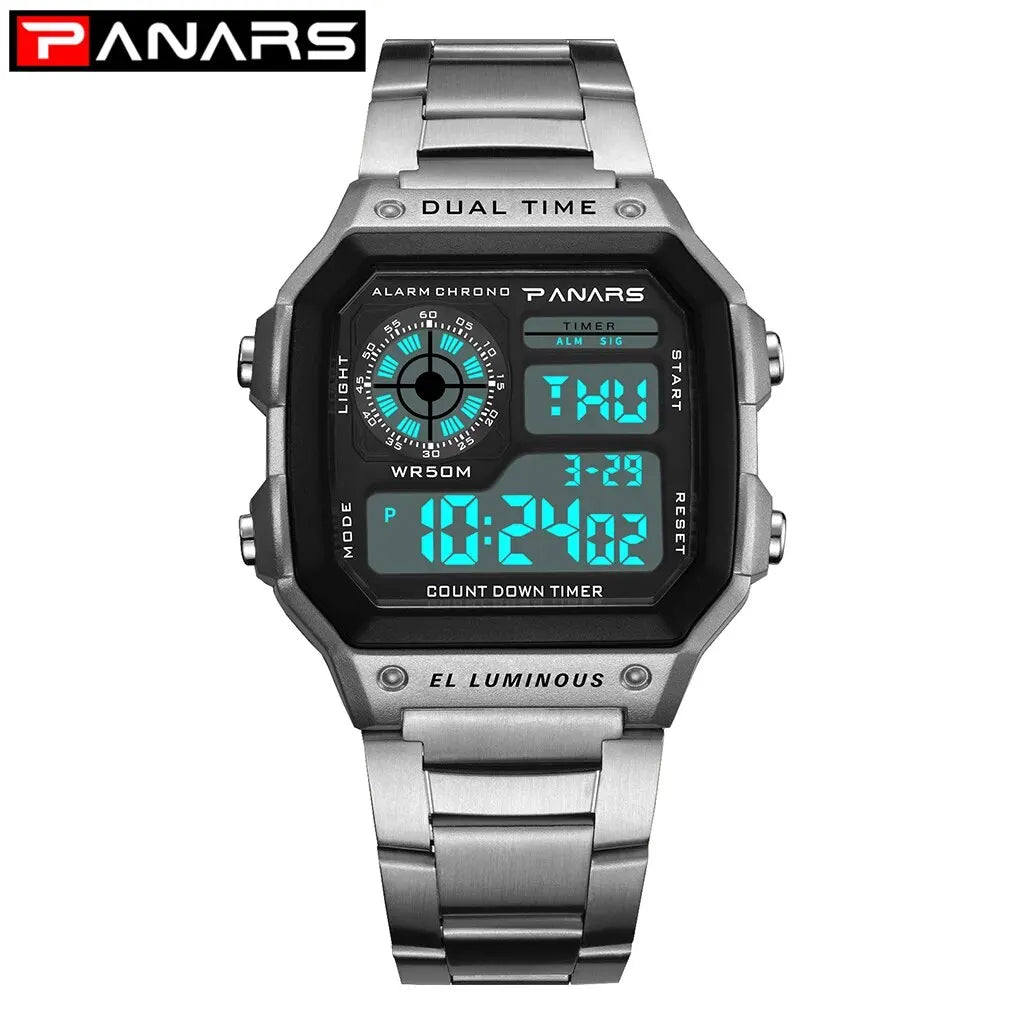 PANARS Top Luxury Stainless Steel Strap Sport Watches Mens Waterproof Back Light Digital Wristwatch Male Alarm