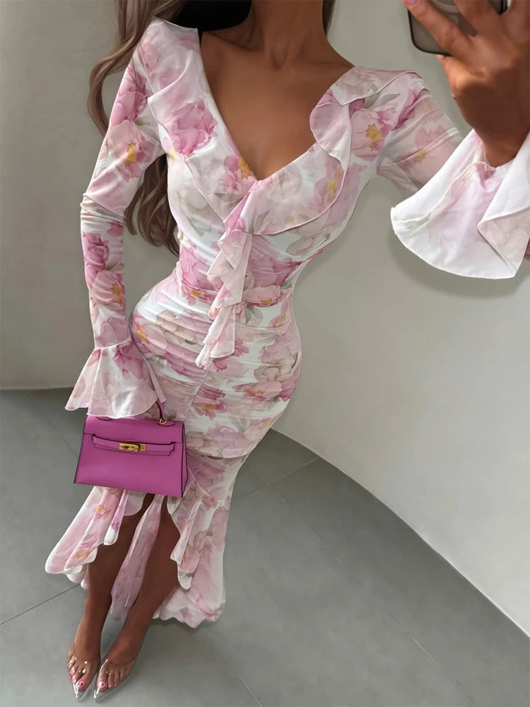 Women Chic V-neck Belte Slit Flower Print Maxi Dress Ruffle Trim High Chiffon Dresses 2026 Summer Fashion Party Vacation Robe