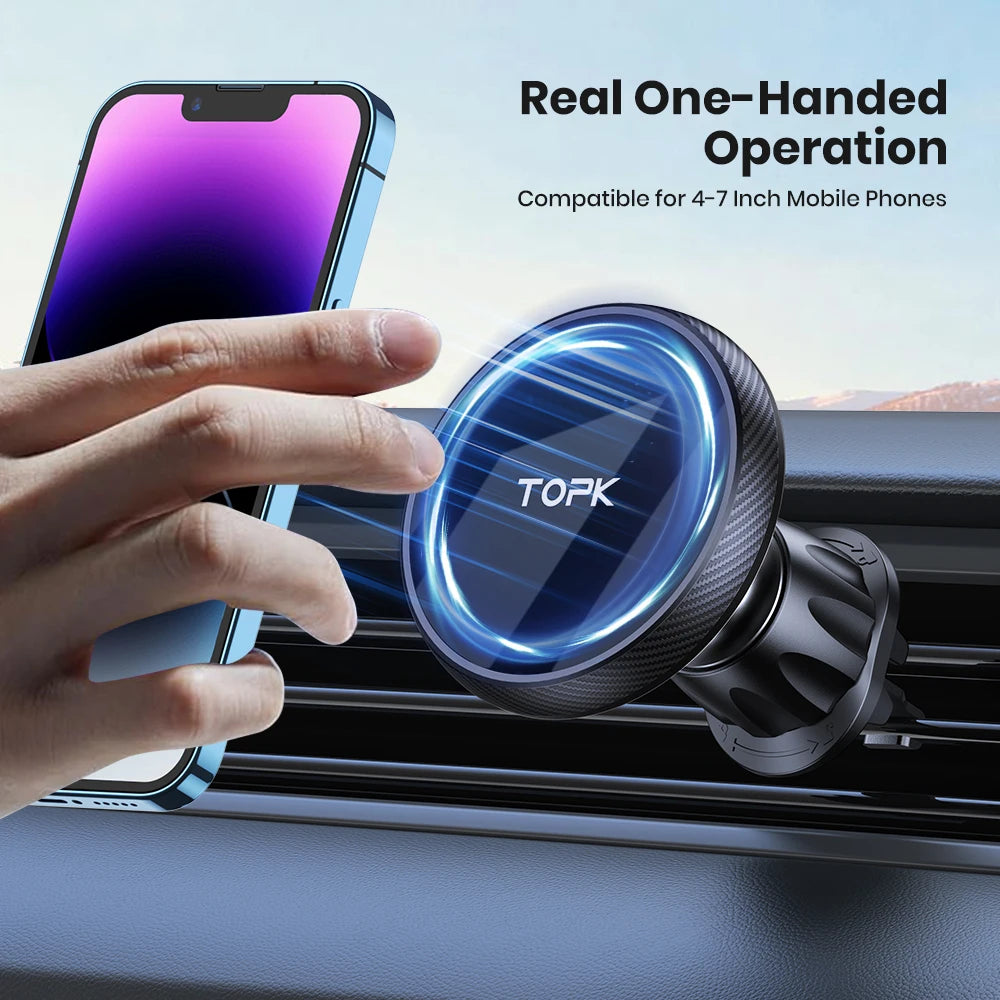 TOPK for Magsafe Car Phone Holder,Powerful Magnetism Premium Quality Single-Hand Operation Metal Hook Magnetic Car Phone Mount