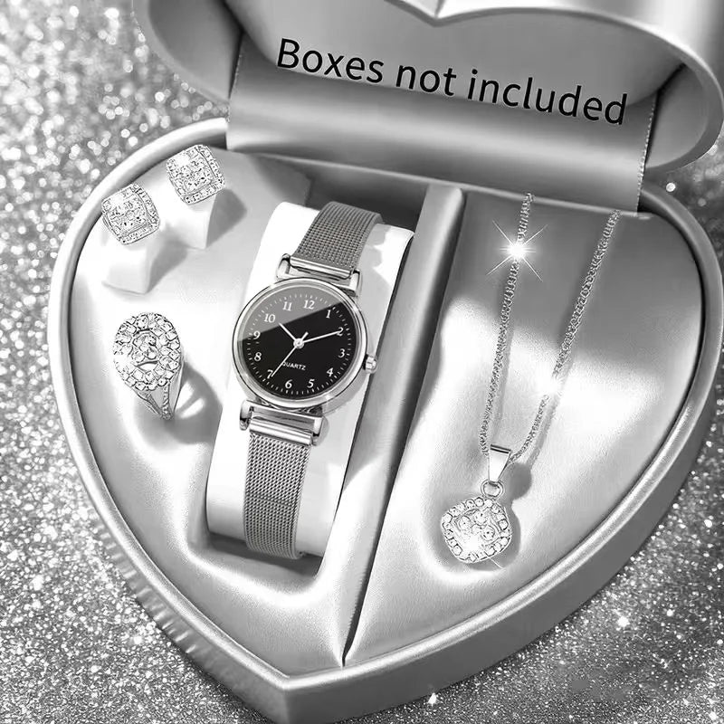 5PCS Fashion Arabic Dial Women Quartz Watch Rhinestone Jewelry Set Silvery Mesh Band Wristwatches Reloj Mujer（Without Box）