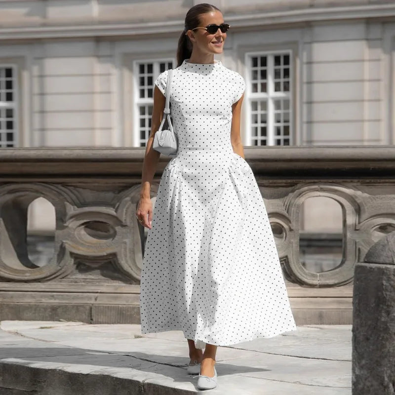 Talenza White Polka Dot Long Dress Summer Sexy High-Waisted Vintage Print Sleeveless Dress Casual Party Vacation New Women Dress