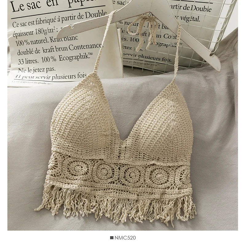 Women Beach Crop Tops Hollow Cover-Ups Perspective Tassel Sexy Spaghetti Strap Swinwear Built In Bra Backlless Halter Neck