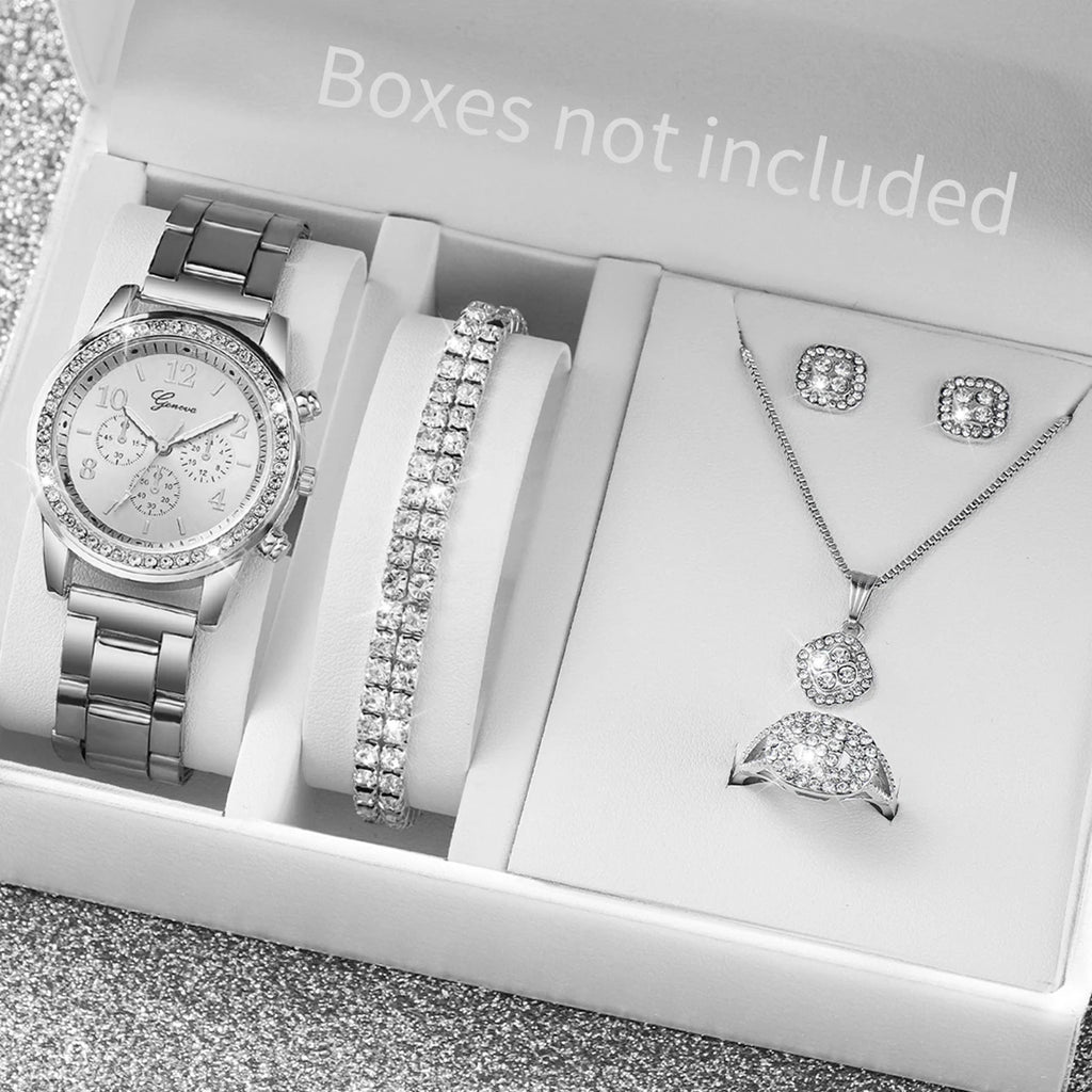 6PCS/Set Women's Watch Fashion Rhinestone Stainless Steel Band Quartz Watch Jewelry Set Reloj Mujer (Without Box)