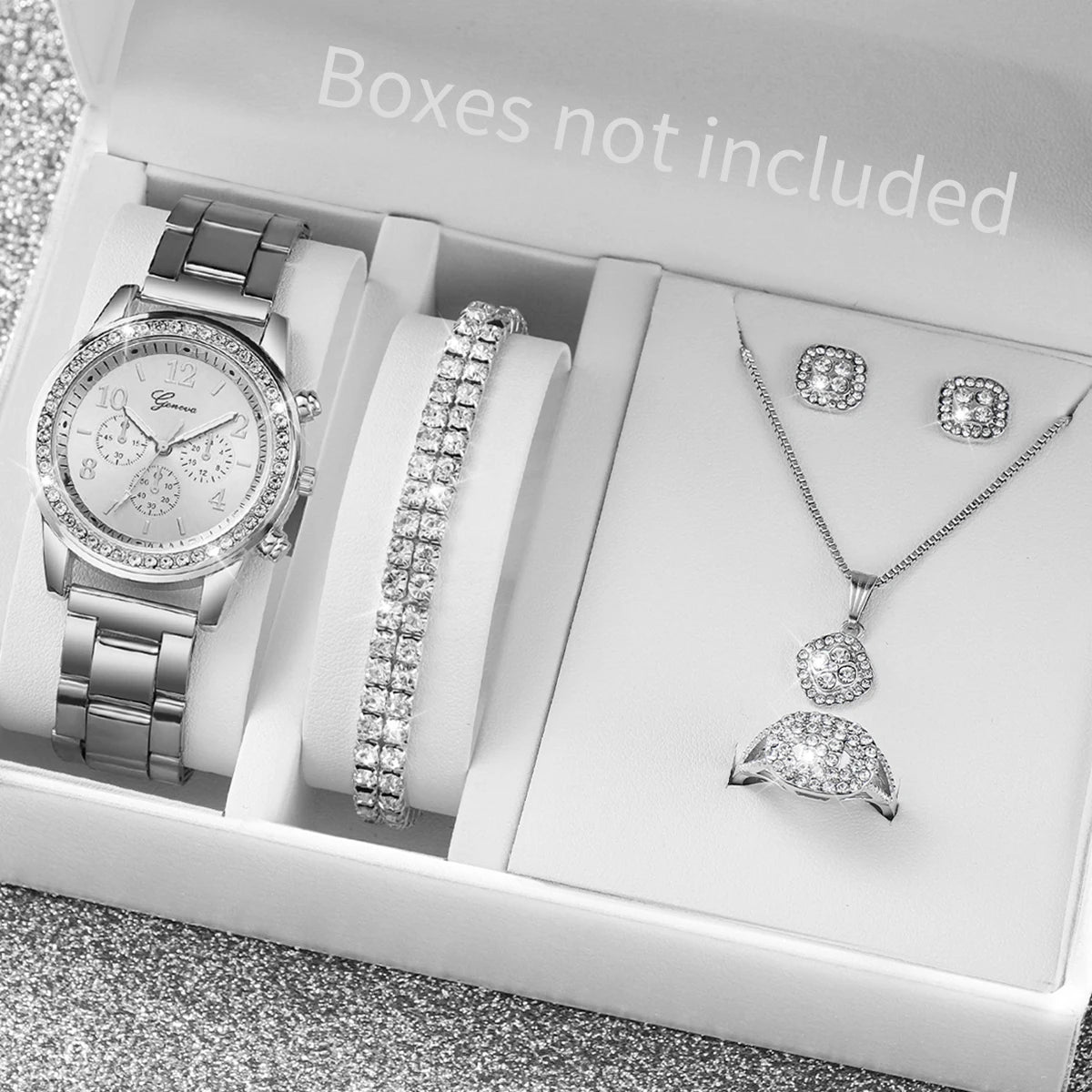 6PCS/Set Women's Watch Fashion Rhinestone Stainless Steel Band Quartz Watch Jewelry Set Reloj Mujer (Without Box)