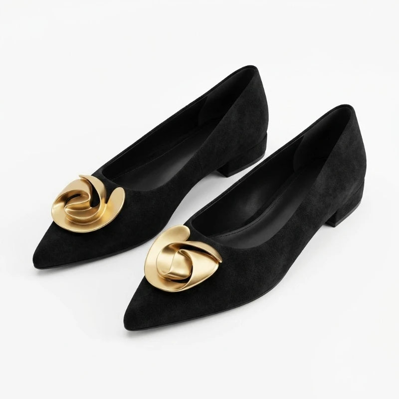 Pointed Toe Summer Women Flats Elegant Metal Flower 2025 Trend Black Luxury Female Dress Shoes Solid Work Office Footwear