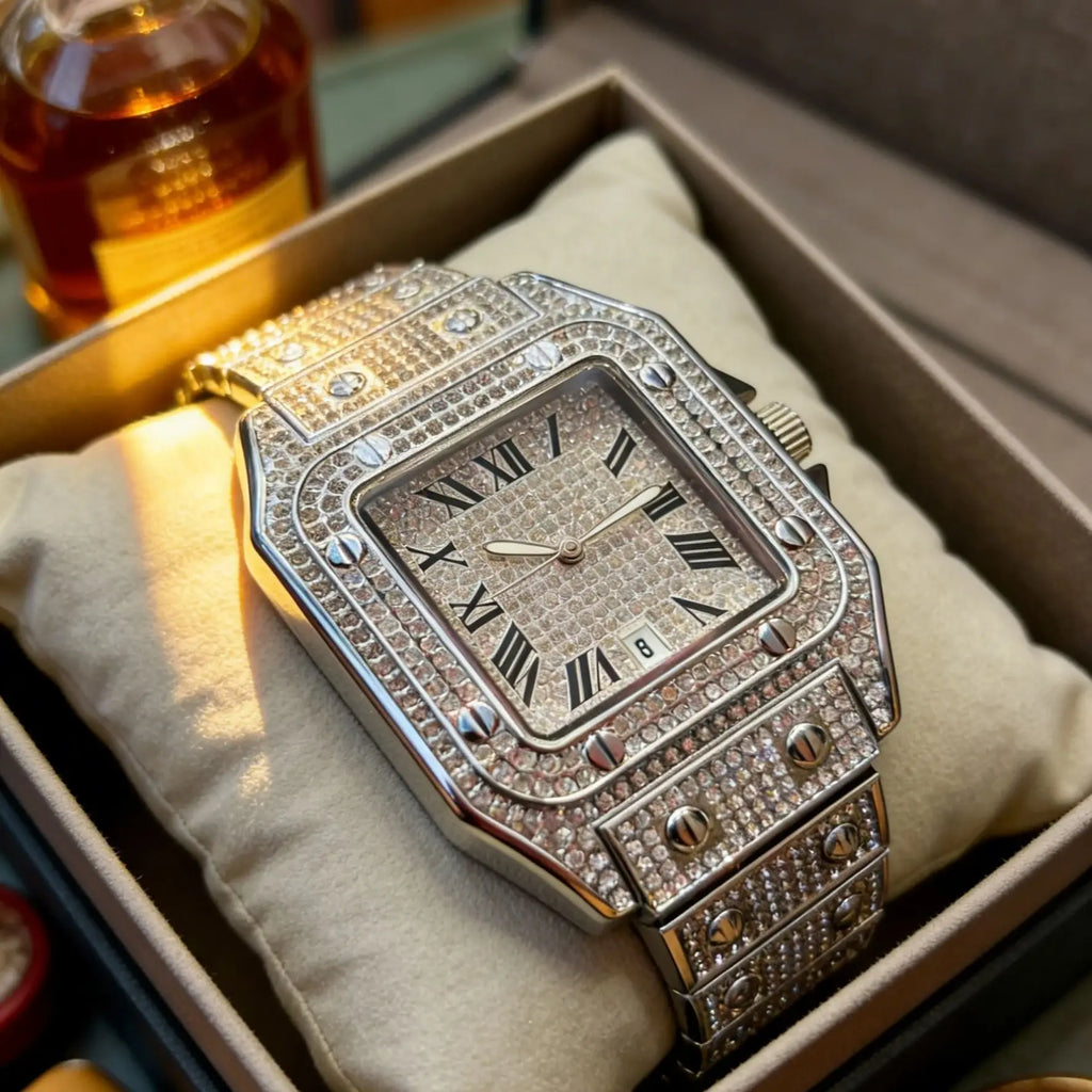Luxurious Men's Quartz Watch, Fully Diamond-Encrusted with a Square Roman Numeral Dial, Featuring Date Display, Waterproof Design, Hip-Hop Style, Shiny Watch Suitable for Both Formal and Casual Occasions