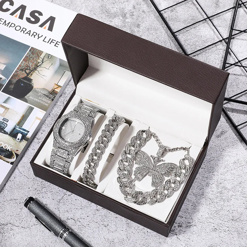 Fashion Women Watch Set Gift Box Bracelet Necklace Cuban Chain Butterfly Diamond Bling Jewelry Set Gifts for Women Drop Shipping